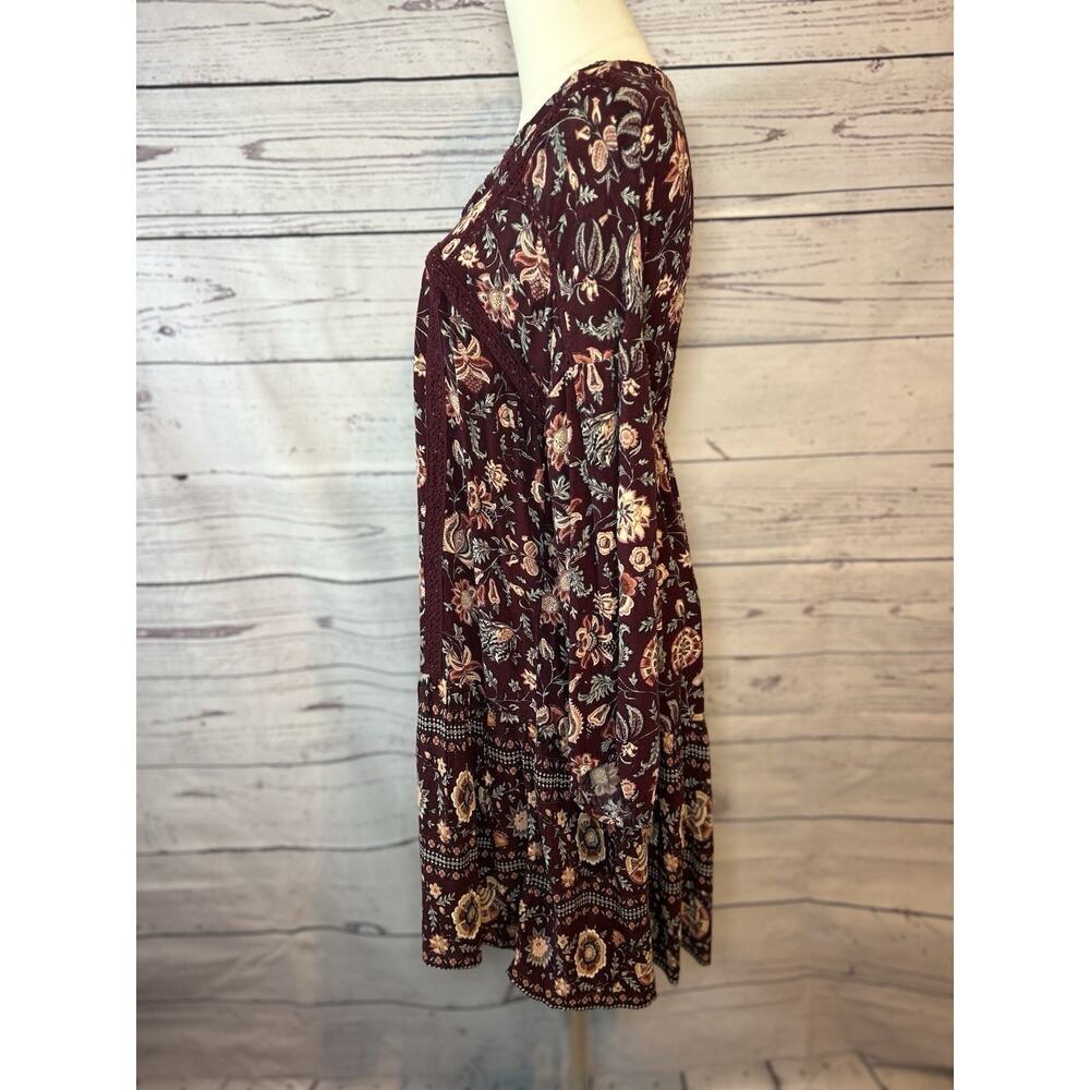 American Eagle Boho Floral Peasant Dress Small Burgundy Long Sleeve Crochet Neck - Picture 3 of 6